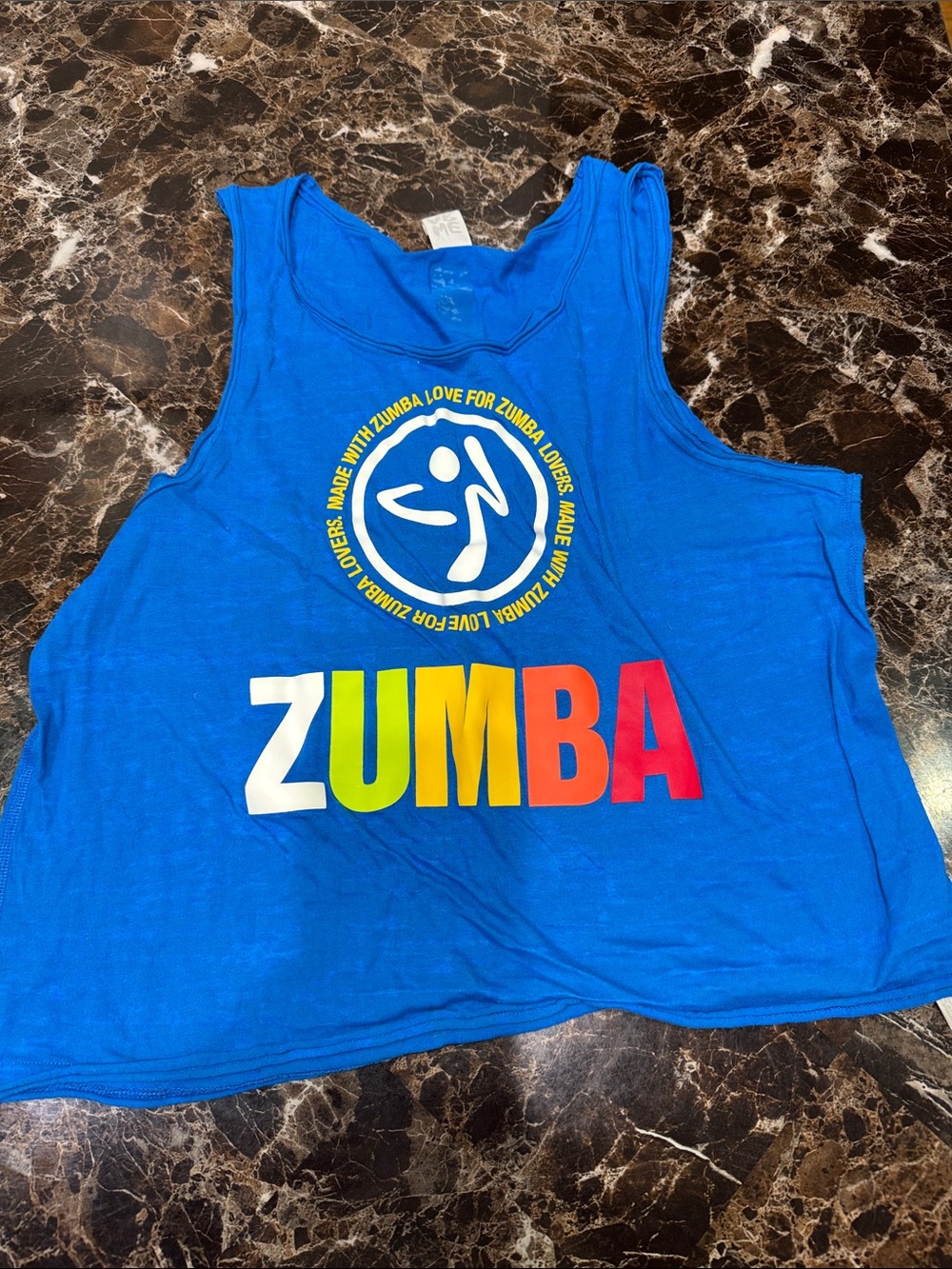 Zumba Fitness Bright Blue Logo Crop Tank with Rainbow ZUMBA Print